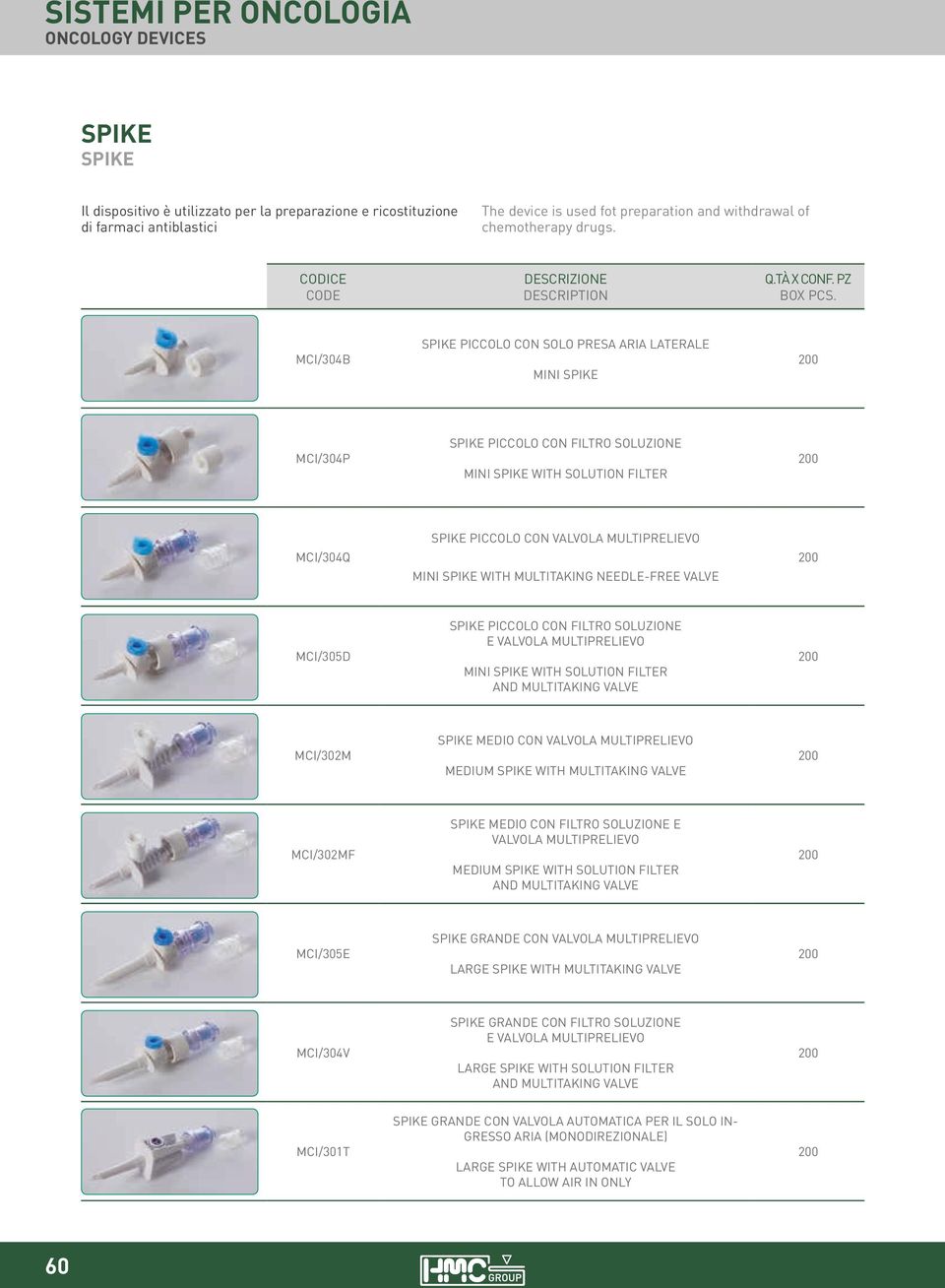 CON VALVOLA MULTIPRELIEVO MINI SPIKE WITH MULTITAKING NEEDLE-FREE VALVE MCI/305D SPIKE PICCOLO CON FILTRO SOLUZIONE E VALVOLA MULTIPRELIEVO MINI SPIKE WITH SOLUTION FILTER MCI/302M SPIKE MEDIO CON