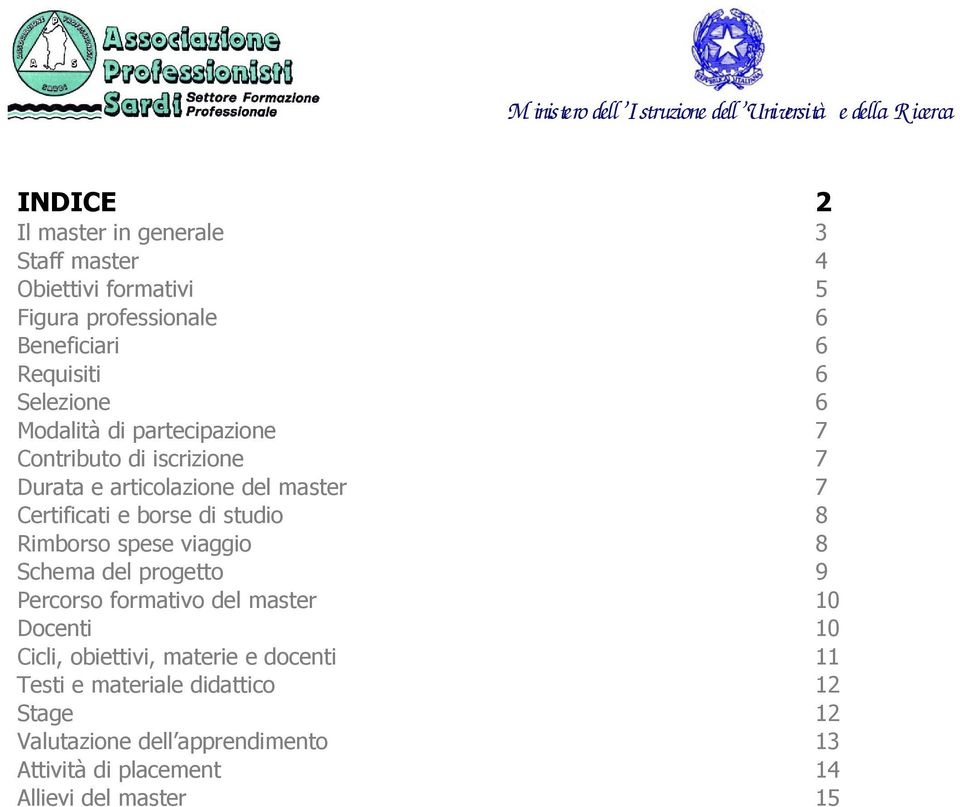 Cicli, obiettivi, materie e docenti 11 Testi e materiale didattico 12 Stage 12 Valutazione dell apprendimento 13 Attività di placement 14 Allievi del master 15 Ringraziamenti