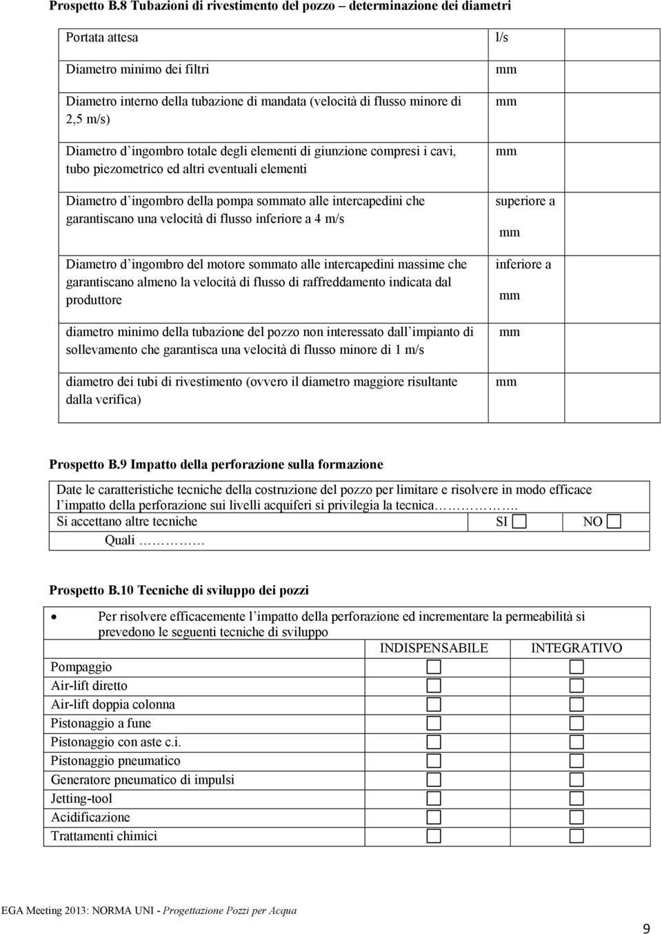 d ingombro totale degli elementi di giunzione compresi i cavi, tubo piezometrico ed altri eventuali elementi Diametro d ingombro della pompa sommato alle intercapedini che garantiscano una velocità