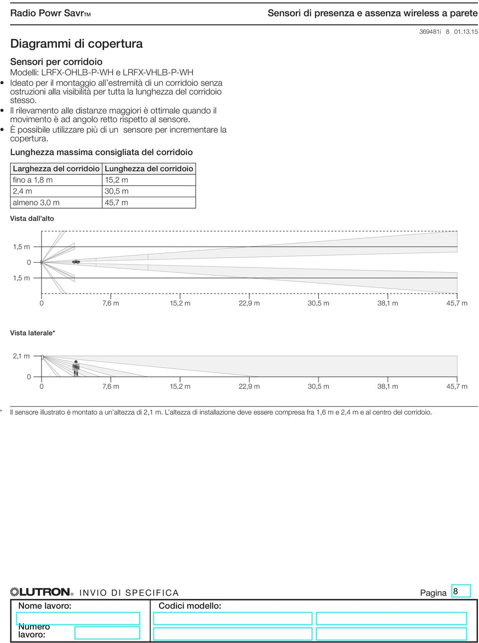 Il rilevamento alle distanze maggiori è ottimale quando il movimento è ad angolo retto rispetto al sensore. È possibile utilizzare più di un sensore per incrementare la copertura.