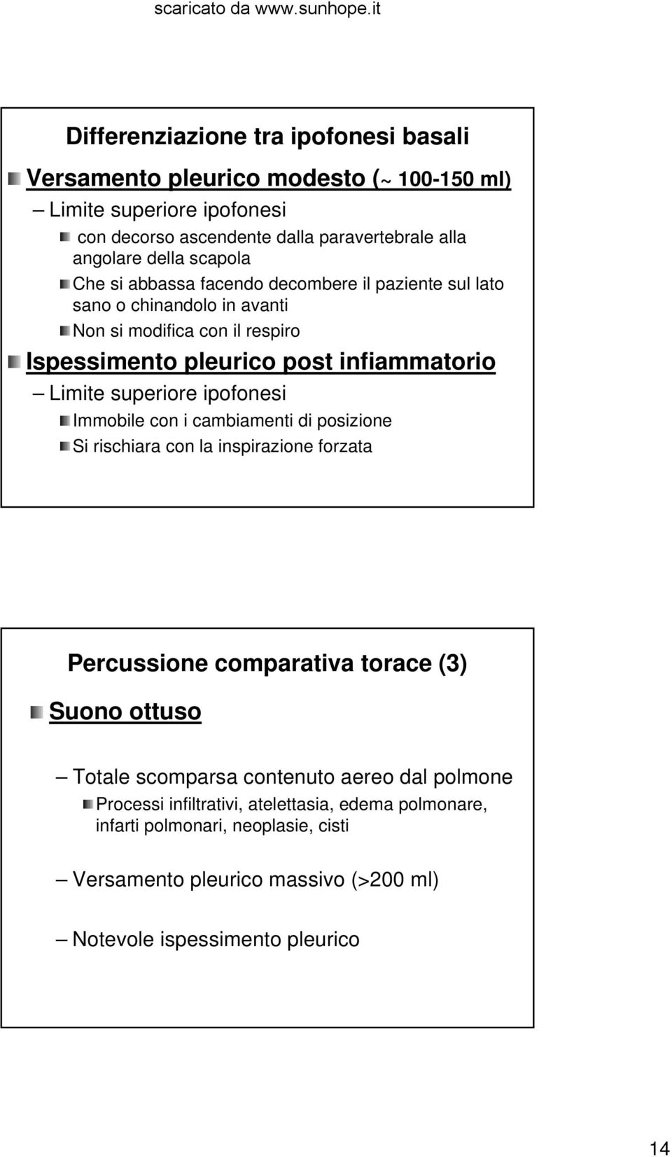 superiore ipofonesi Immobile con i cambiamenti di posizione Si rischiara con la inspirazione forzata Percussione comparativa torace (3) Suono ottuso Totale scomparsa