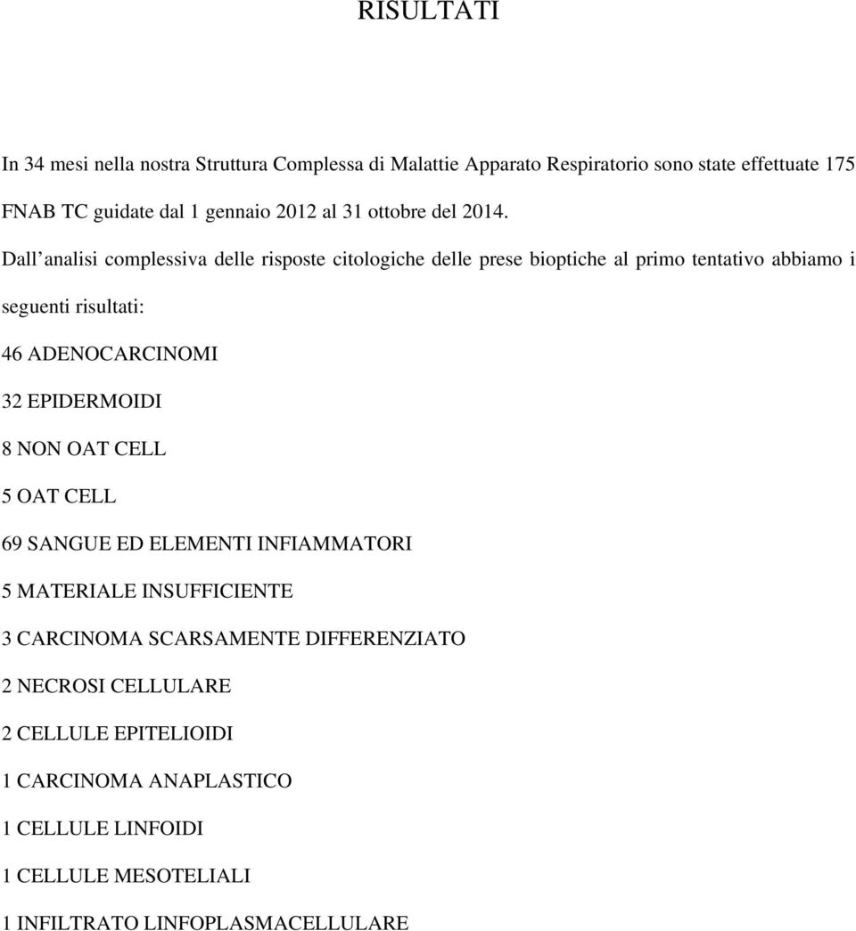 Dall analisi complessiva delle risposte citologiche delle prese bioptiche al primo tentativo abbiamo i seguenti risultati: 46 ADENOCARCINOMI 32