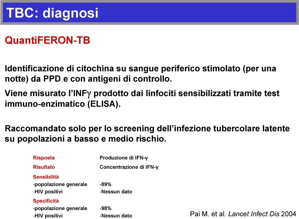 Raccomandato solo per lo screening dell infezione tubercolare latente su popolazioni a basso e medio rischio.