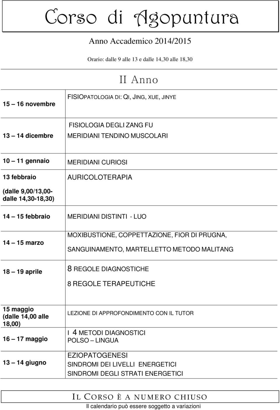 RUGNA, SANGUINAMENO, MARELLEO MEODO MALIANG 18 19 aprile 8 REGOLE DIAGNOSICHE 8 REGOLE ERAEUICHE 15 maggio (dalle 14,00 alle 18,00) 16 17 maggio 13 14 giugno LEZIONE DI AROFONDIMENO CON