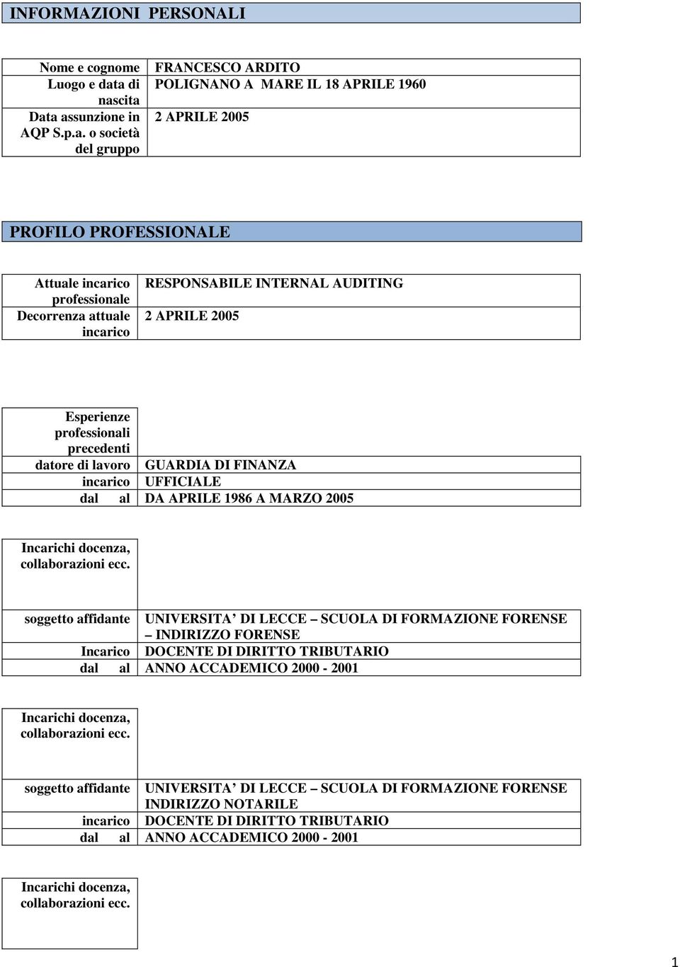 professionale Decorrenza attuale RESPONSABILE INTERNAL AUDITING 2 APRILE 2005 Esperienze precedenti datore di lavoro GUARDIA DI FINANZA UFFICIALE dal al DA APRILE