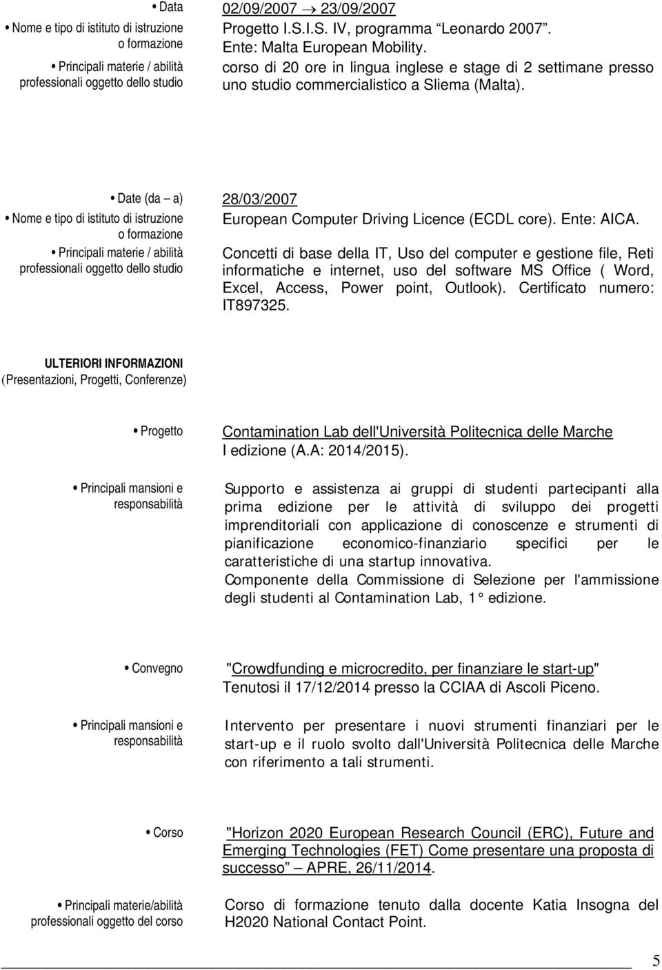 Date (da a) 28/03/2007 Nome e tipo di istituto di istruzione European Computer Driving Licence (ECDL core). Ente: AICA.