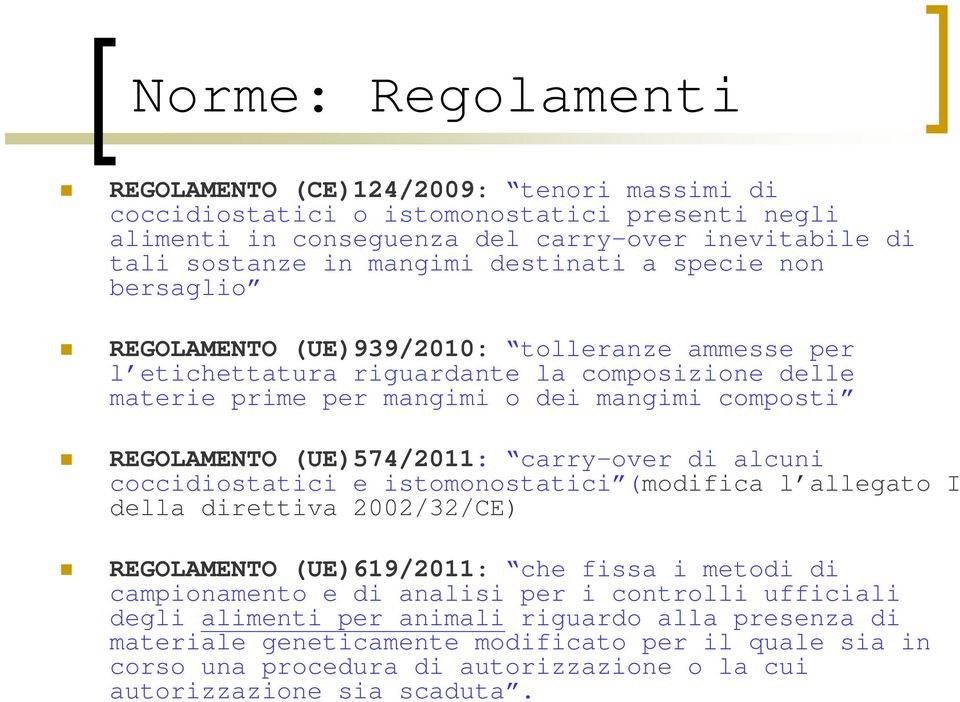 (UE)574/2011: carry-over di alcuni coccidiostatici e istomonostatici (modifica l allegato I della direttiva 2002/32/CE) REGOLAMENTO (UE)619/2011: che fissa i metodi di campionamento e di analisi