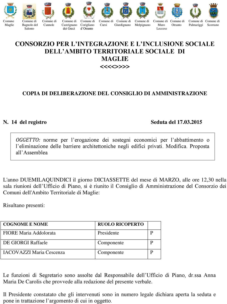 CONSIGLIO DI AMMINISTRAZIONE N. 14 del registro Seduta del 17.03.