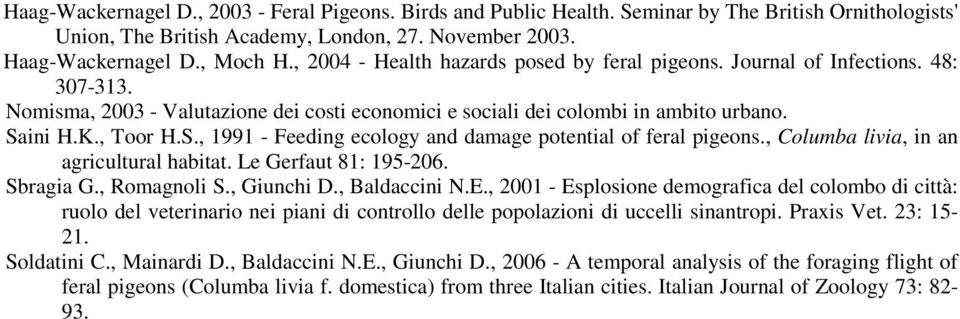 ini H.K., Toor H.S., 1991 - Feeding ecology and damage potential of feral pigeons., Columba livia, in an agricultural habitat. Le Gerfaut 81: 195-206. Sbragia G., Romagnoli S., Giunchi D.
