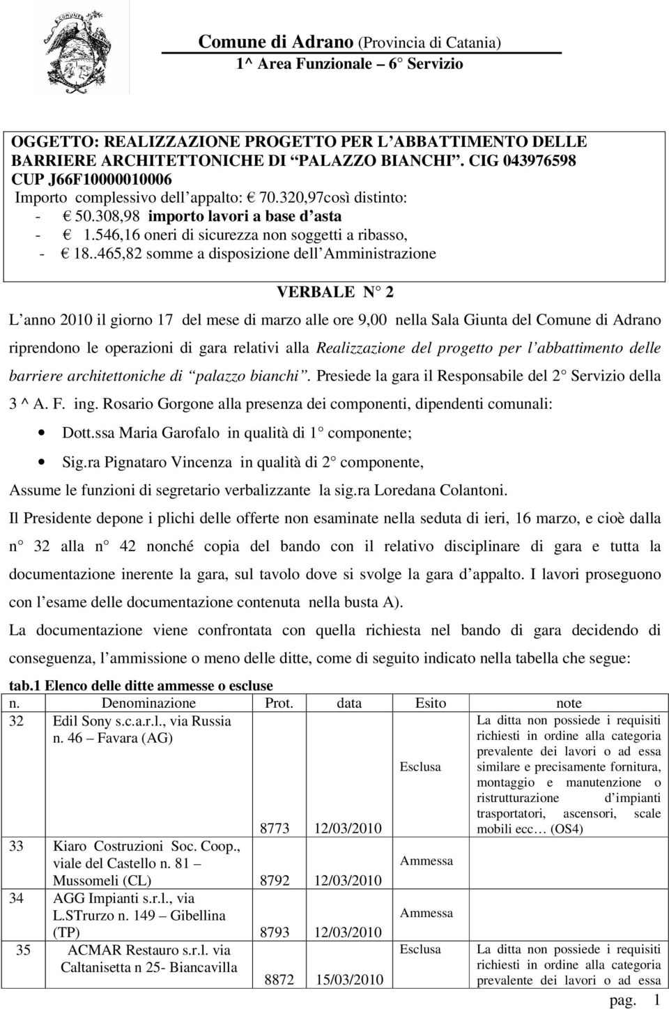 .465,82 somme a disposizione dell Amministrazione VERBALE N 2 L anno 2010 il giorno 17 del mese di marzo alle ore 9,00 nella Sala Giunta del Comune di Adrano riprendono le operazioni di gara relativi