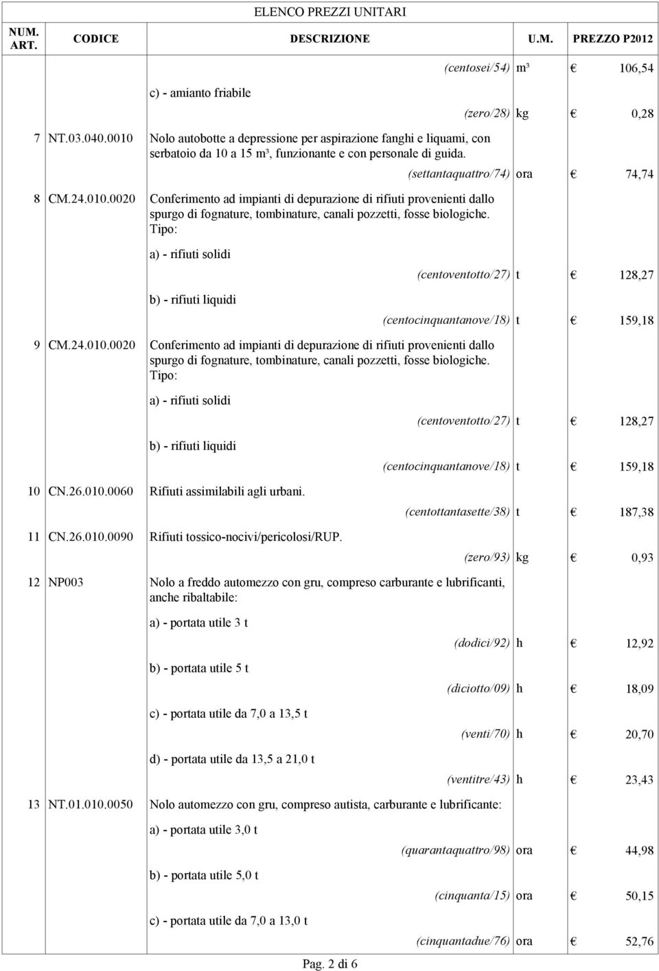 Tipo: (settantaquattro/74) ora 74,74 a) - rifiuti solidi b) - rifiuti liquidi (centoventotto/27) t 128,27 (centocinquantanove/18) t 159,18 9 CM.24.010.