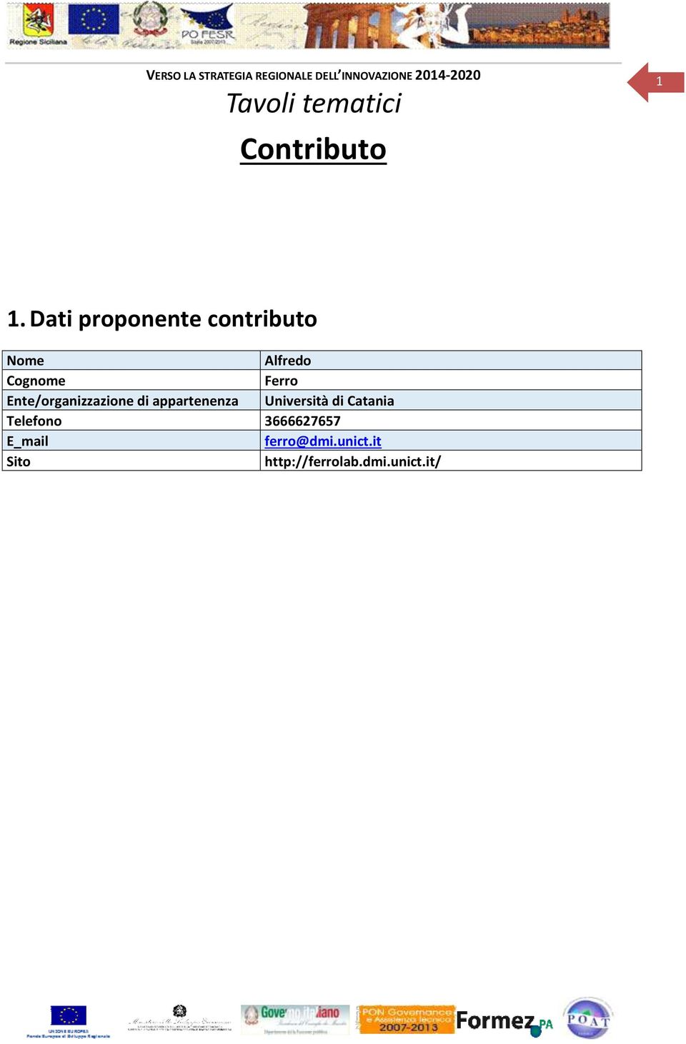 Dati proponente contributo Alfredo Ferro Ente/organizzazione di