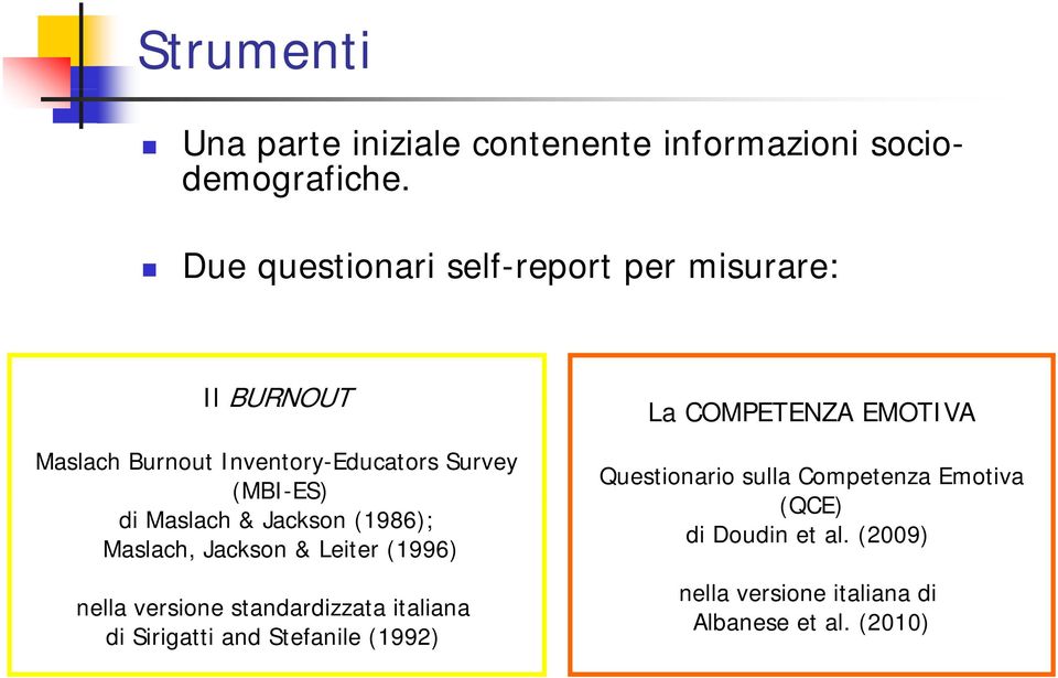 Maslach & Jackson (1986); Maslach, Jackson & Leiter (1996) nella versione standardizzata italiana di Sirigatti