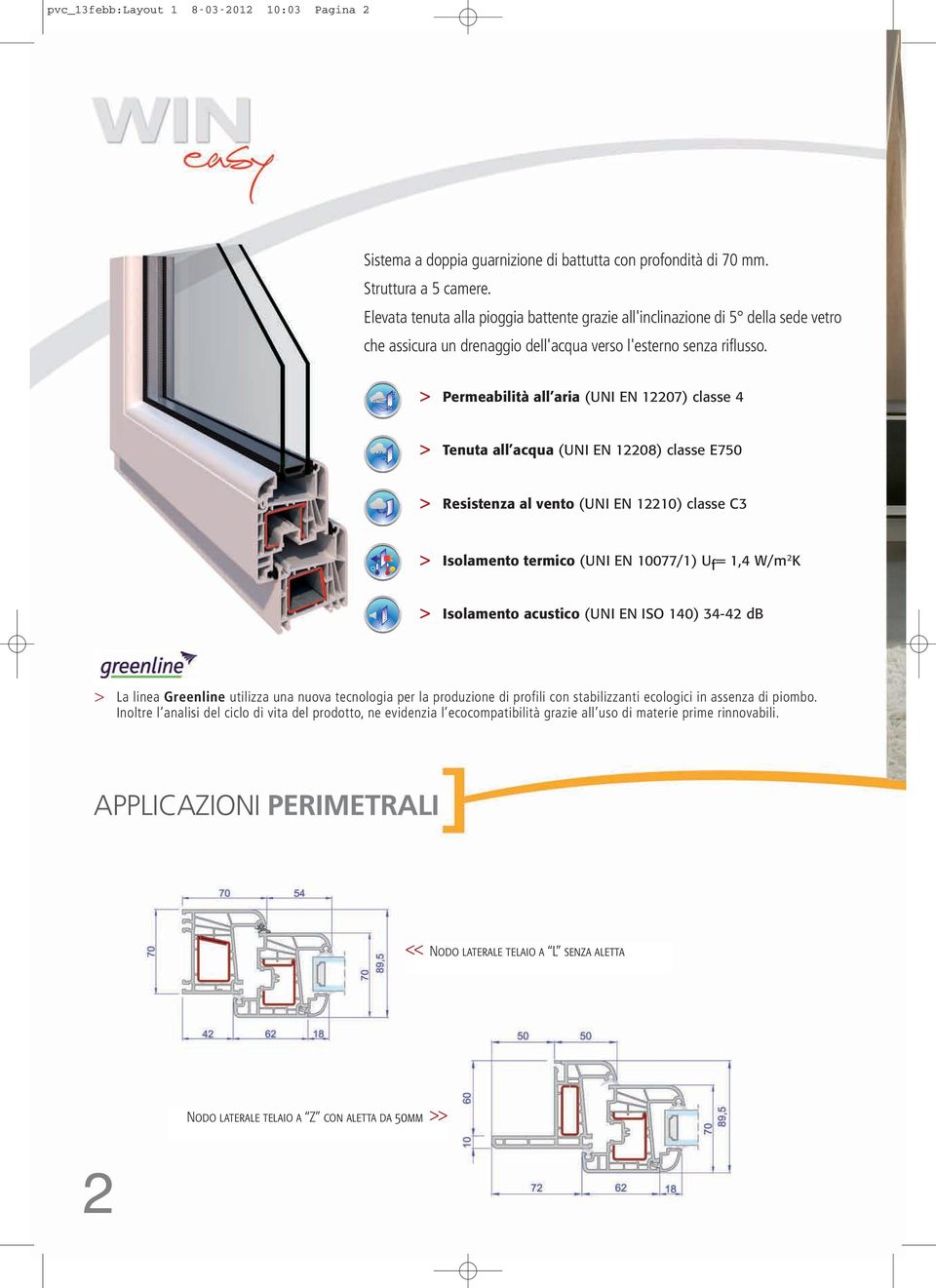 > Permeabilità all aria (UNI EN 12207) classe 4 > Tenuta all acqua (UNI EN 12208) classe E750 > Resistenza al vento (UNI EN 12210) classe C3 > Isolamento termico (UNI EN 10077/1) U f = 1,4 W/m 2 K >