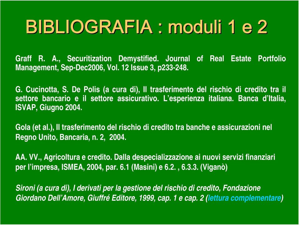 ), Il trasferimento del rischio di credito tra banche e assicurazioni nel Regno Unito, Bancaria, n. 2, 2004. AA. VV., Agricoltura e credito.