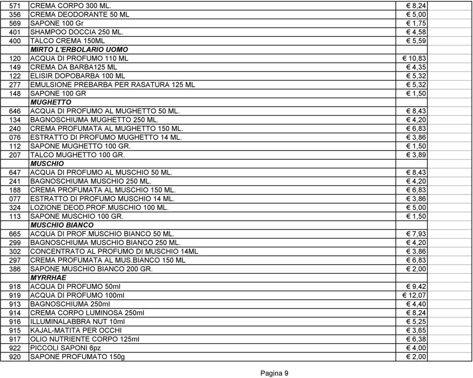148 SAPONE 100 GR 1,50 MUGHETTO 646 ACQUA DI PROFUMO AL MUGHETTO 50 ML. 8,43 134 BAGNOSCHIUMA MUGHETTO 250 ML. 4,20 240 CREMA PROFUMATA AL MUGHETTO 150 ML. 6,83 076 ESTRATTO DI PROFUMO MUGHETTO 14 ML.
