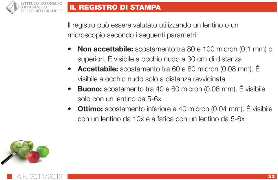 È visibile a occhio nudo a 30 cm di distanza Accettabile: scostamento tra 60 e 80 micron (0,08 mm).