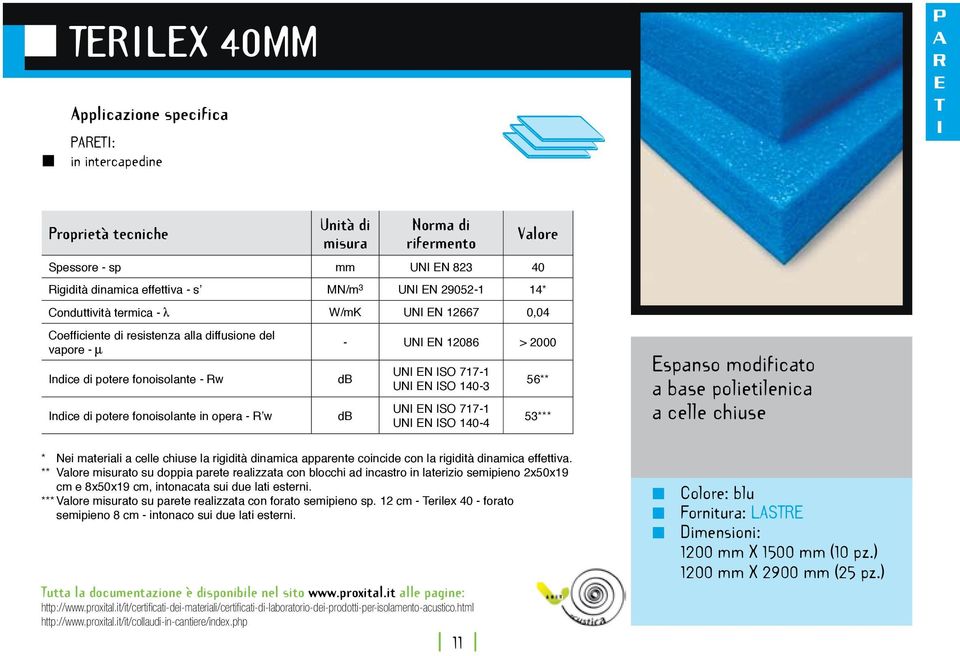 EN 140-4 56** 53*** * Nei materiali a celle chiuse la rigidità dinamica apparente coincide con la rigidità dinamica effettiva.