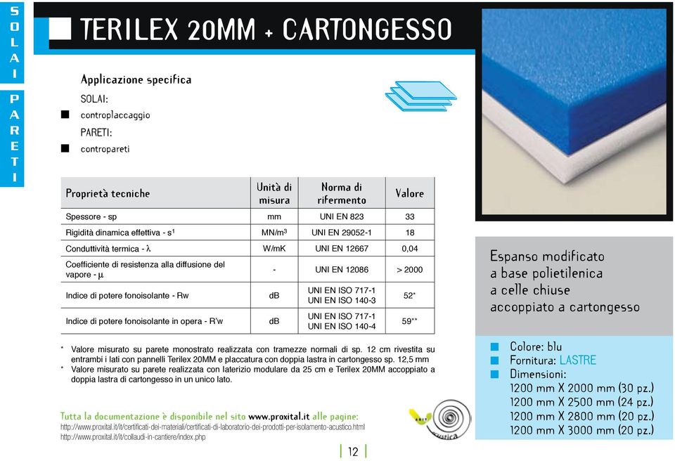 EN 140-3 UN EN 717-1 UN EN 140-4 * to su parete monostrato realizzata con tramezze normali di sp.