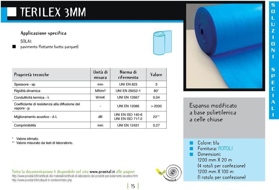 2000 db UN EN 140-6 UN EN 717-2 Comprimibilità mm UN EN 12431 0,27 22** Espanso modificato a base polietilenica a celle chiuse U Z N P E C *