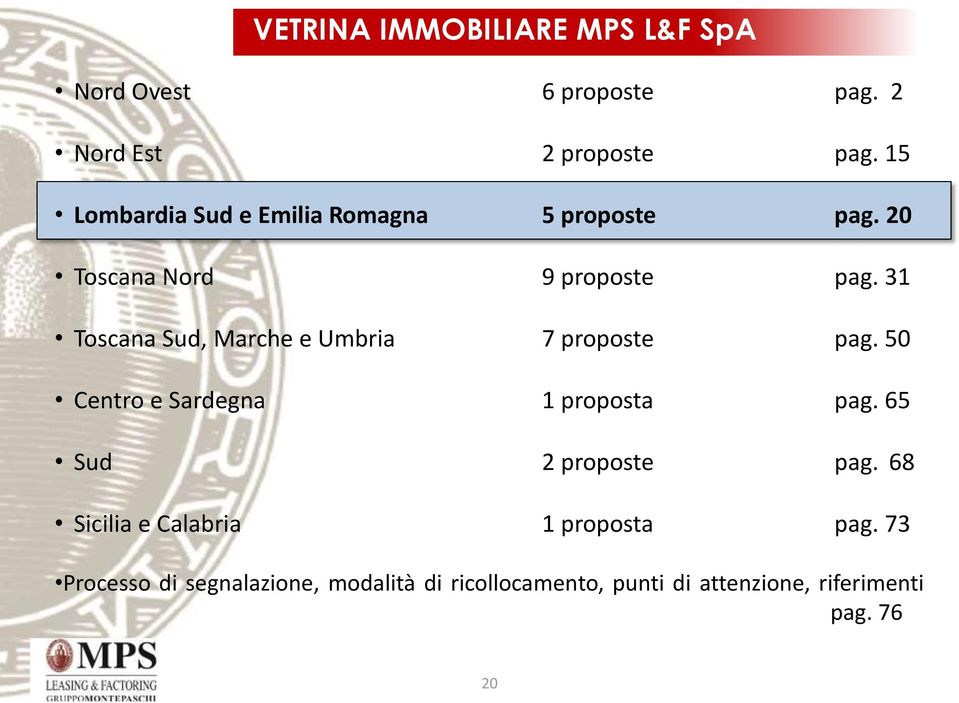 31 Toscana Sud, Marche e Umbria 7 proposte pag. 50 Centro e Sardegna 1 proposta pag.