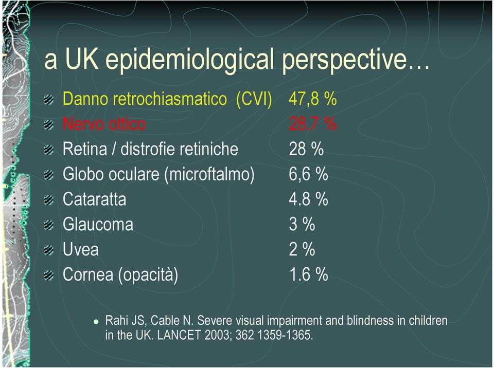 Cataratta 4.8 % Glaucoma 3 % Uvea 2 % Cornea (opacità) 1.6 % Rahi JS, Cable N.
