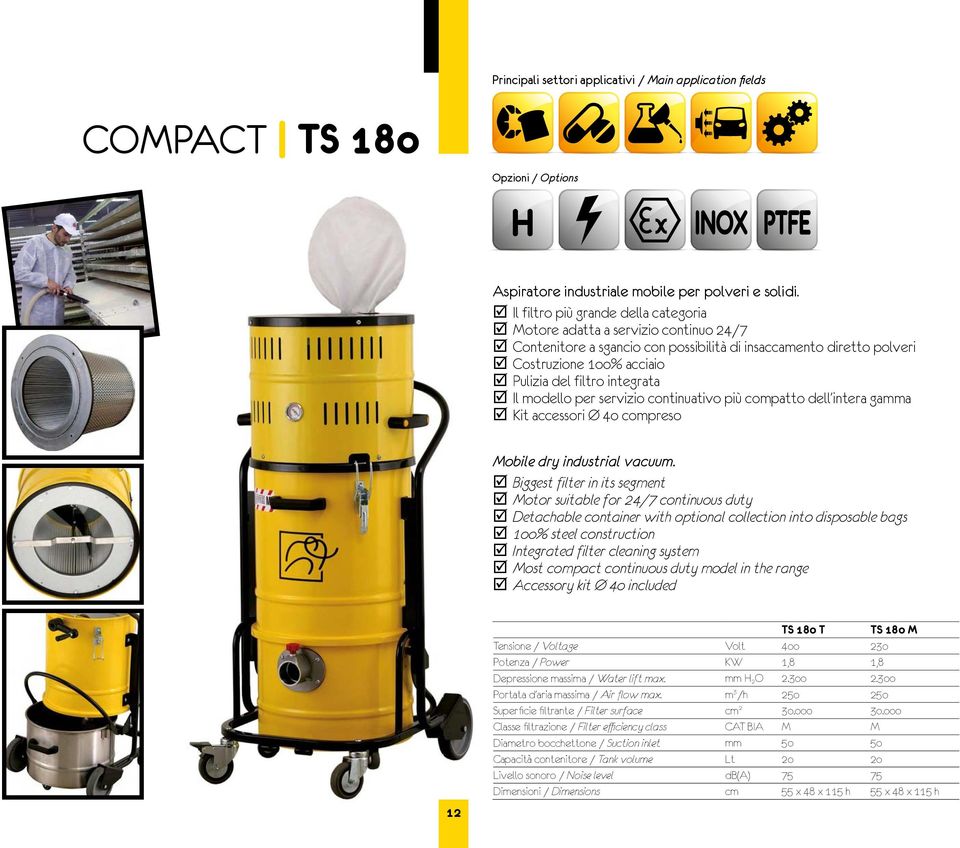 Il modello per servizio continuativo più compatto dell intera gamma Kit accessori Ø 4o compreso Mobile dry industrial vacuum.
