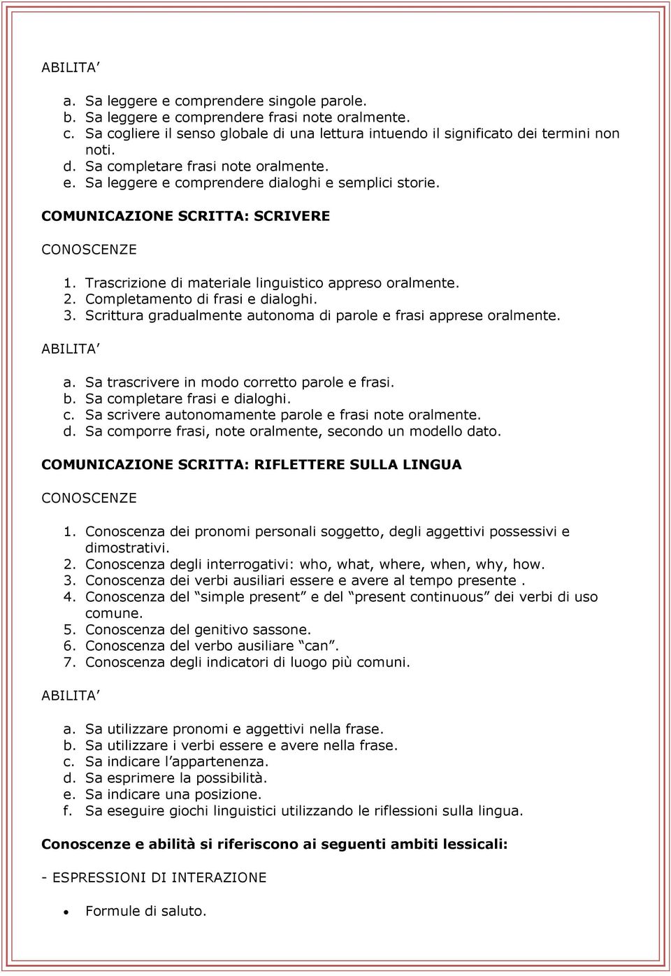 Scrittura gradualmente autonoma di parole e frasi apprese oralmente. ABILITA a. Sa trascrivere in modo corretto parole e frasi. b. Sa completare frasi e dialoghi. c. Sa scrivere autonomamente parole e frasi note oralmente.