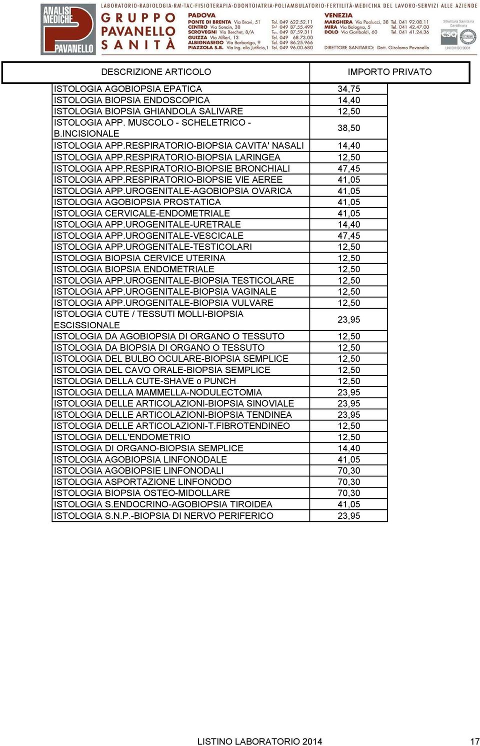 RESPIRATORIO-BIOPSIE VIE AEREE 41,05 ISTOLOGIA APP.UROGENITALE-AGOBIOPSIA OVARICA 41,05 ISTOLOGIA AGOBIOPSIA PROSTATICA 41,05 ISTOLOGIA CERVICALE-ENDOMETRIALE 41,05 ISTOLOGIA APP.