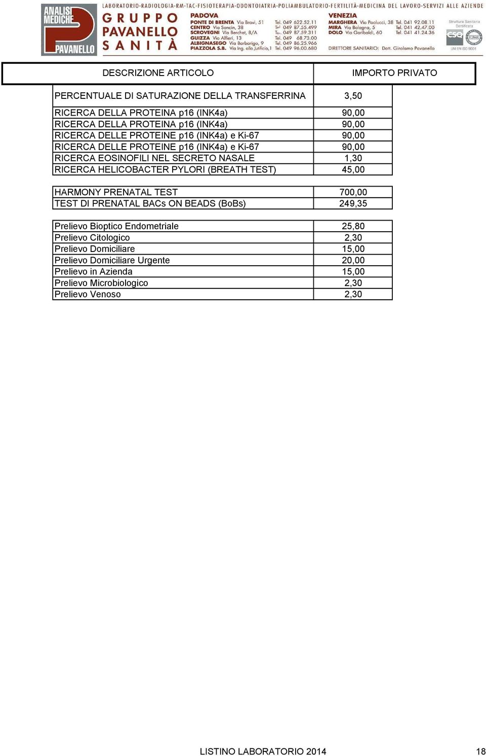 HELICOBACTER PYLORI (BREATH TEST) 45,00 HARMONY PRENATAL TEST 700,00 TEST DI PRENATAL BACs ON BEADS (BoBs) 249,35 Prelievo Bioptico Endometriale 25,80 Prelievo