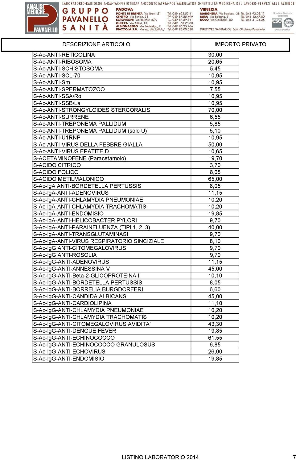 S-Ac-ANTI-VIRUS DELLA FEBBRE GIALLA 50,00 S-Ac-ANTI-VIRUS EPATITE D 10,65 S-ACETAMINOFENE (Paracetamolo) 19,70 S-ACIDO CITRICO 3,70 S-ACIDO FOLICO 8,05 S-ACIDO METILMALONICO 65,00 S-Ac-IgA