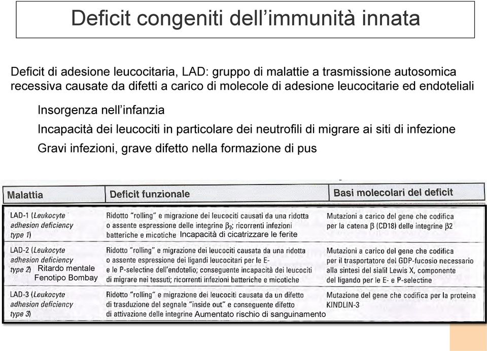 infanzia Incapacità dei leucociti in particolare dei neutrofili di migrare ai siti di infezione Gravi infezioni, grave