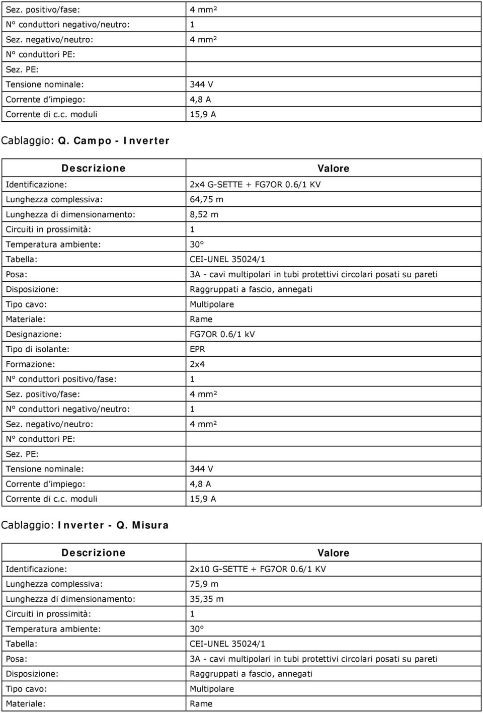 6/1 KV Lunghezza complessiva: 64,75 m Lunghezza di dimensionamento: 8,52 m Circuiti in prossimità: 1 Temperatura ambiente: 30 Tabella: CEI-UNEL 35024/1 Posa: 3A - cavi multipolari in tubi protettivi