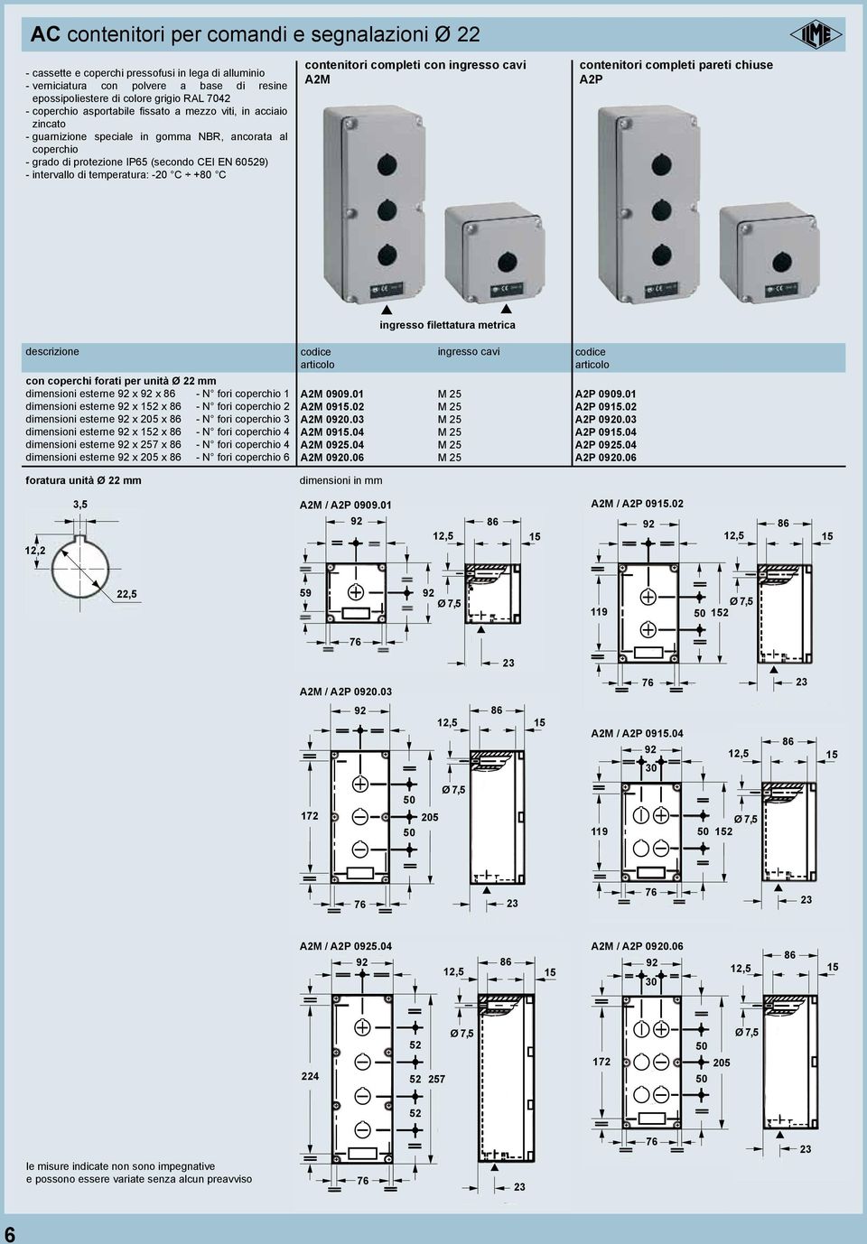 completi pareti chiuse 2P p p ingresso filettatura metrica con coperchi forati per unità Ø 22 mm dimensioni esterne x x - N fori coperchio 1 dimensioni esterne x 2 x - N fori coperchio 2 dimensioni