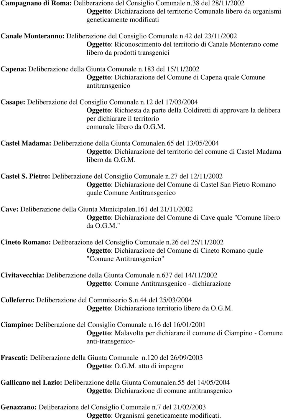 42 del 23/11/2002 Oggetto: Riconoscimento del territorio di Canale Monterano come libero da prodotti transgenici Capena: Deliberazione della Giunta Comunale n.