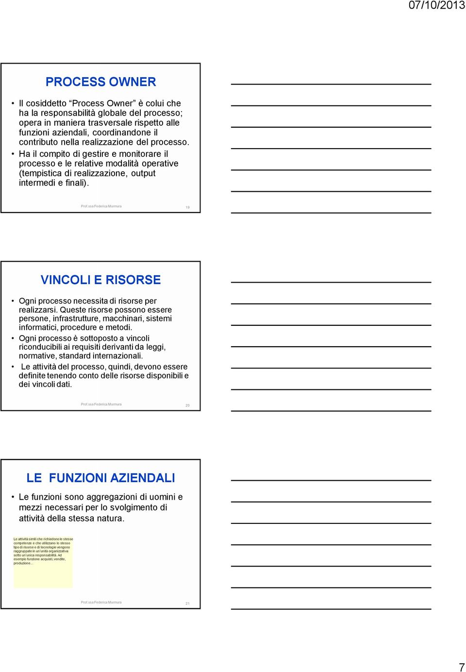 19 VINCOLI E RISORSE Ogni processo necessita di risorse per realizzarsi. Queste risorse possono essere persone, infrastrutture, macchinari, sistemi informatici, procedure e metodi.