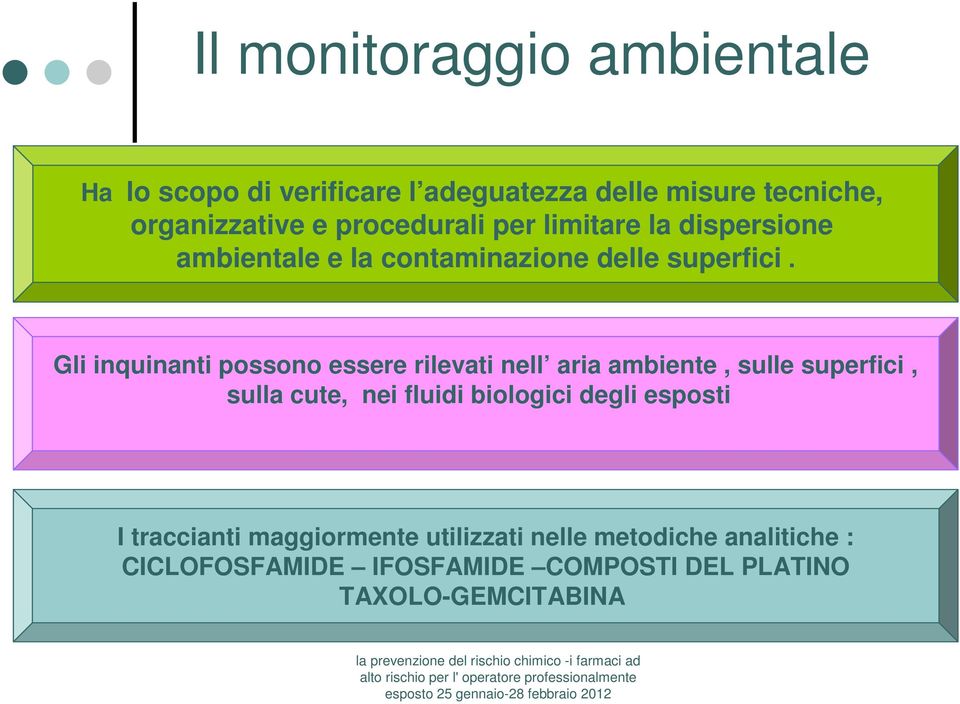 Gli inquinanti possono essere rilevati nell aria ambiente, sulle superfici, sulla cute, nei fluidi biologici