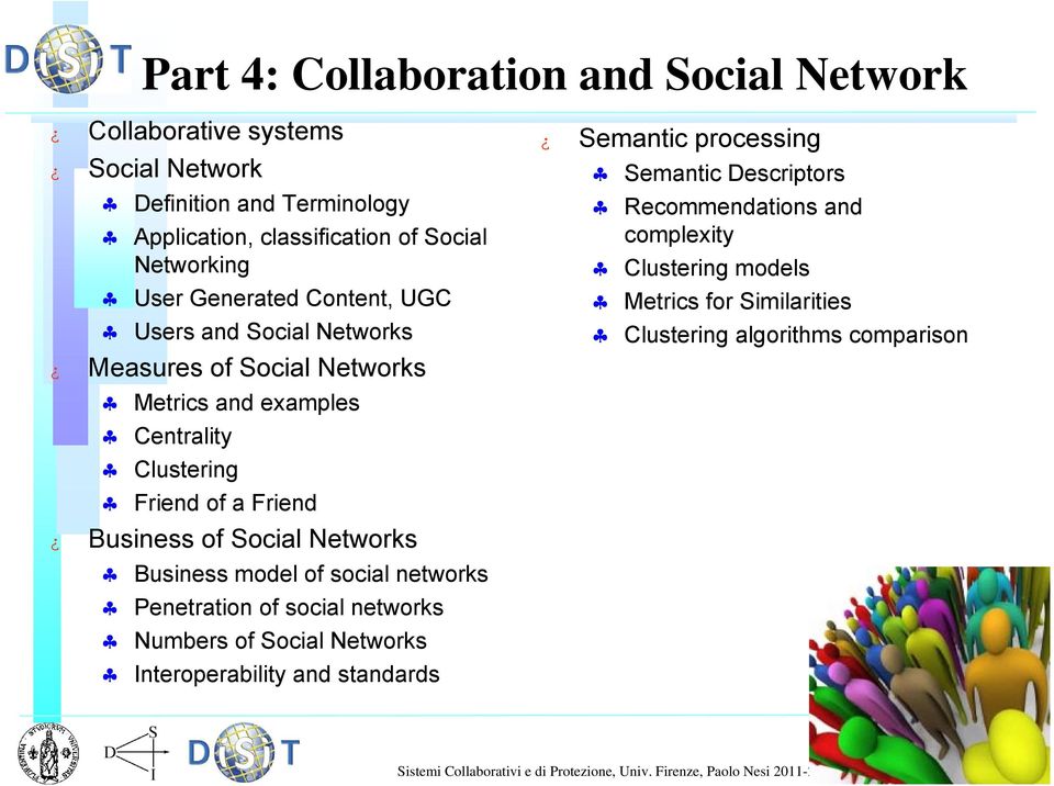 Clustering algorithms comparison Measures of Social Networks Metrics and examples Centrality Clustering Friend of a Friend Business of Social Networks Business model of