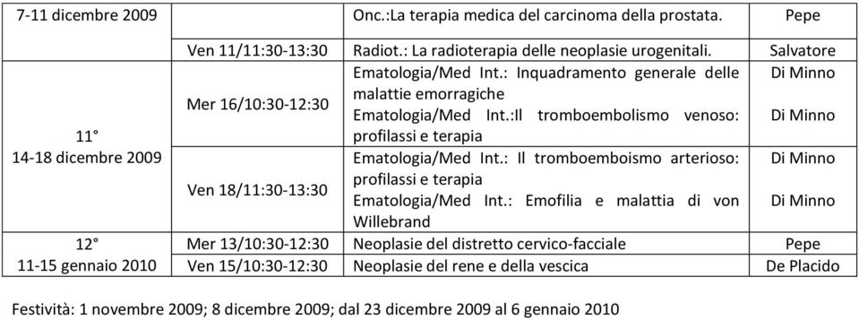 :Il tromboembolismo venoso: Di Minno profilassi e terapia Ematologia/Med Int.: Il tromboemboismo arterioso: Di Minno Ven 18/11:30-13:30 profilassi e terapia Ematologia/Med Int.