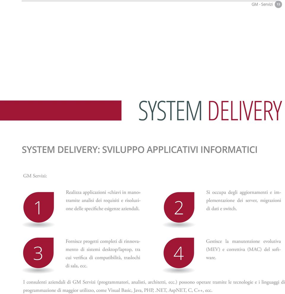 Si occupa degli aggiornamenti e implementazione dei server, migrazioni di dati e switch. Gestisce la manutenzione evolutiva (MEV) e correttiva (MAC) del software.