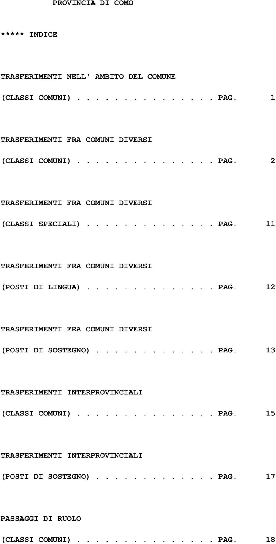 ............. PAG. 12 TRASFERIMENTI FRA COMUNI DIVERSI (POSTI DI SOSTEGNO)............. PAG. 13 TRASFERIMENTI INTERPROVINCIALI (CLASSI COMUNI)............... PAG. 15 TRASFERIMENTI INTERPROVINCIALI (POSTI DI SOSTEGNO).