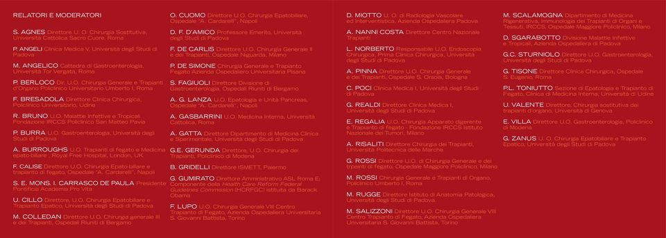 BRESADOLA Direttore Clinica Chirurgica, Policlinico Universitario, Udine R. BRUNO U.O. Malattie Infettive e Tropicali Fondazione IRCCS Policlinico San Matteo Pavia P. BURRA U.O. Gastroenterologia, Università degli Studi di Padova A.