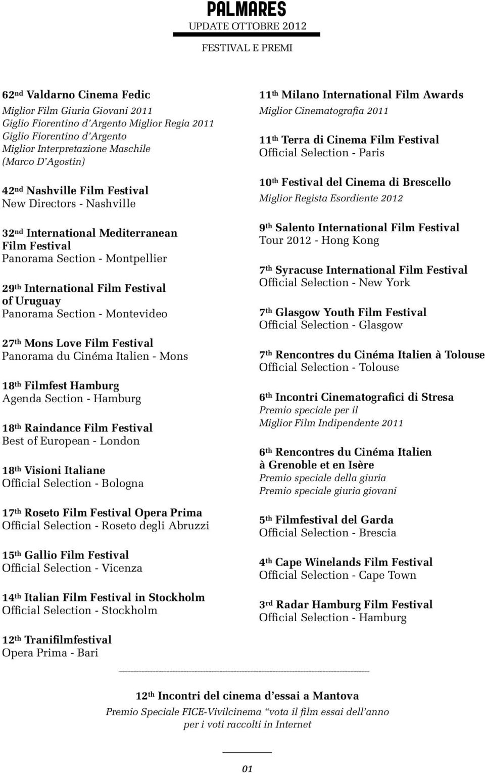 Film Festival of Uruguay Panorama Section - Montevideo 27 th Mons Love Film Festival Panorama du Cinéma Italien - Mons 18 th Filmfest Hamburg Agenda Section - Hamburg 18 th Raindance Film Festival