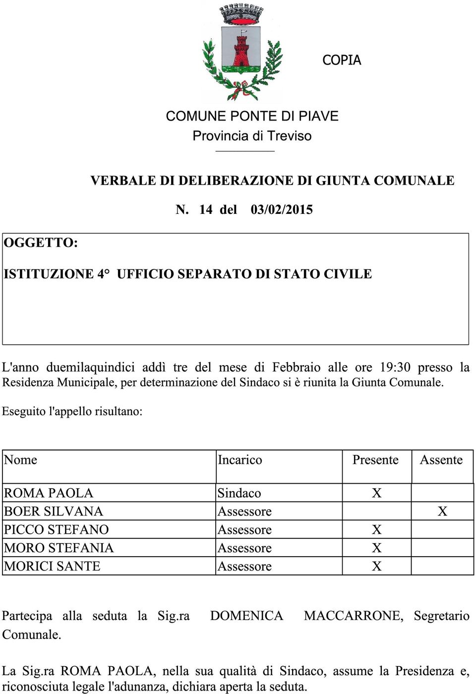 per determinazione del Sindaco si è riunita la Giunta Comunale.