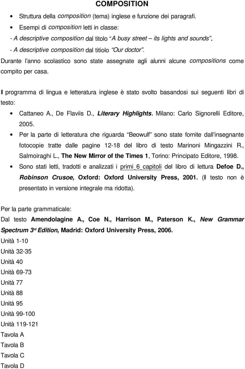 Il programma di lingua e letteratura inglese è stato svolto basandosi sui seguenti libri di testo: Cattaneo A., De Flaviis D., Literary Highlights, Milano: Carlo Signorelli Editore, 2005.