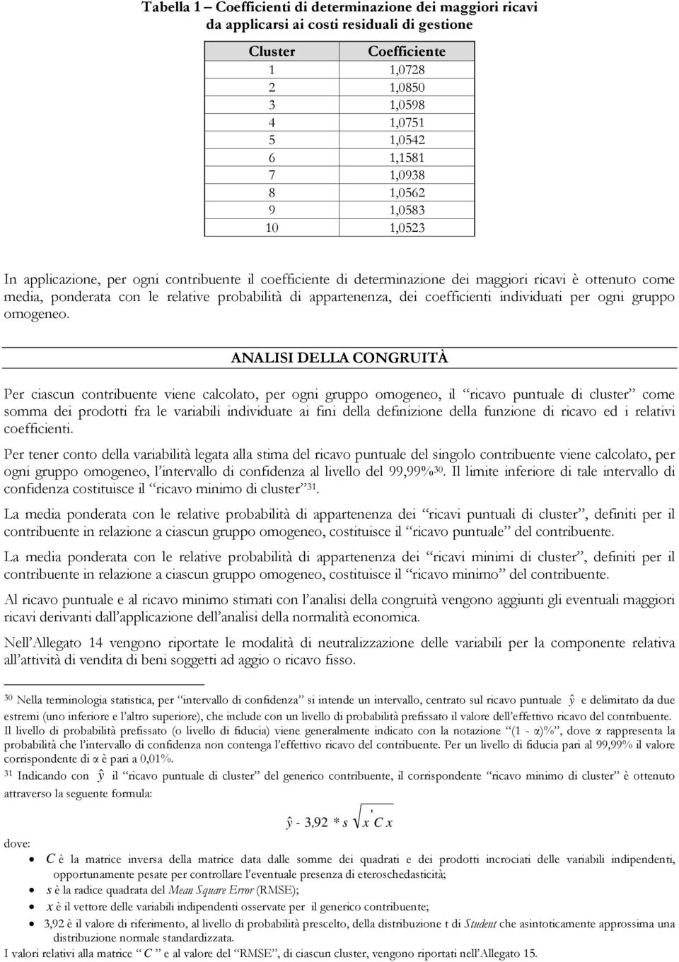 coefficienti individuati per ogni gruppo omogeneo.