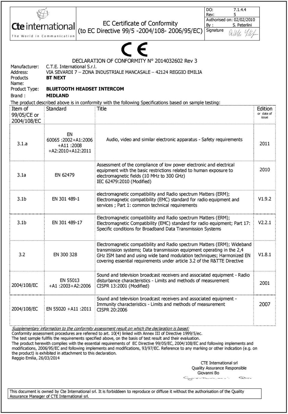 ni Signature DECLARATION OF CONFORMITY N 2014032602 Rev 3 Manufacturer: C.T.E. International 