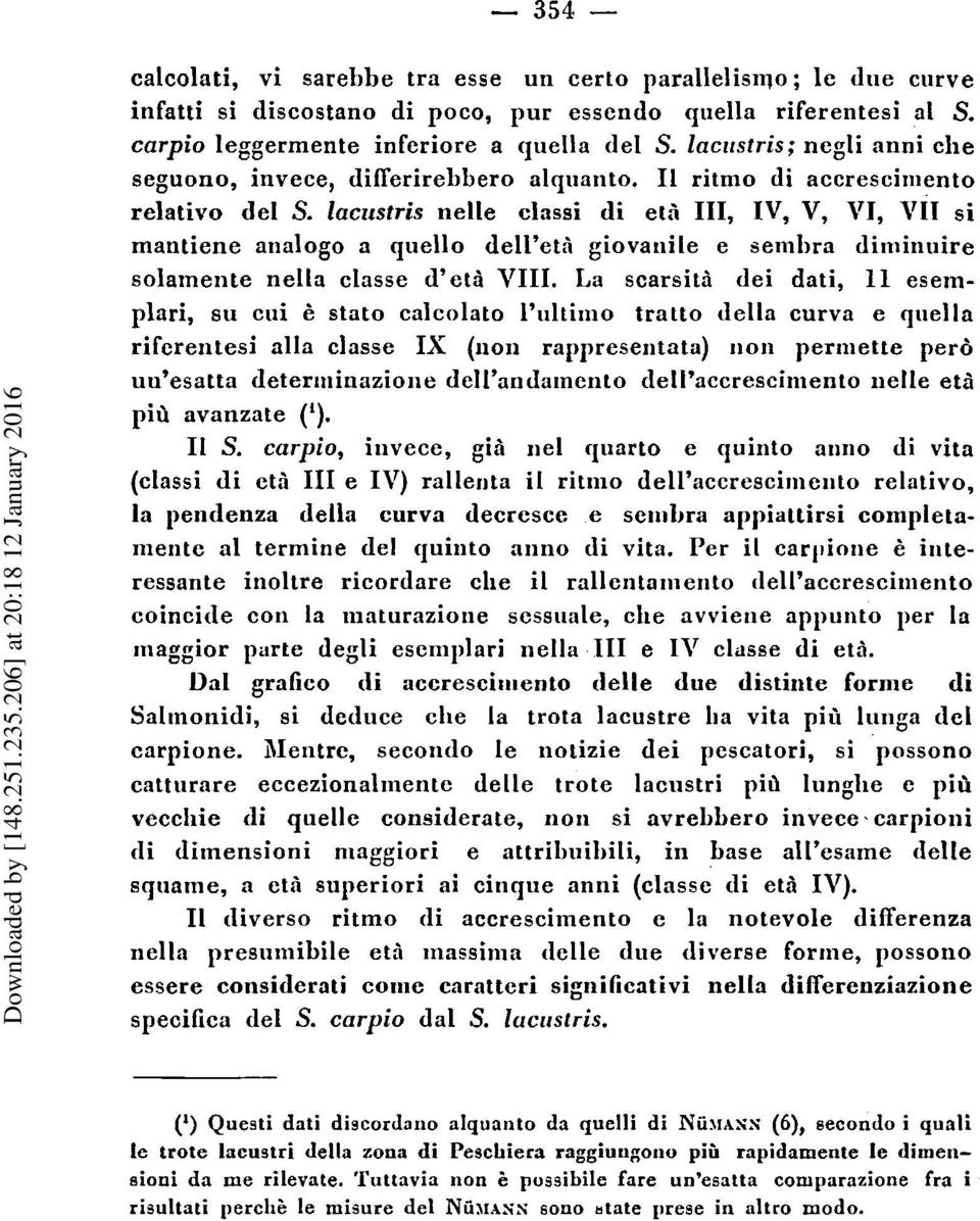 lacustris nelle classi di età III, IV, V, VI, VII si mantiene analogo a quello dell'età giovanile e sembra diminuire solamente nella classe d'età VIII.