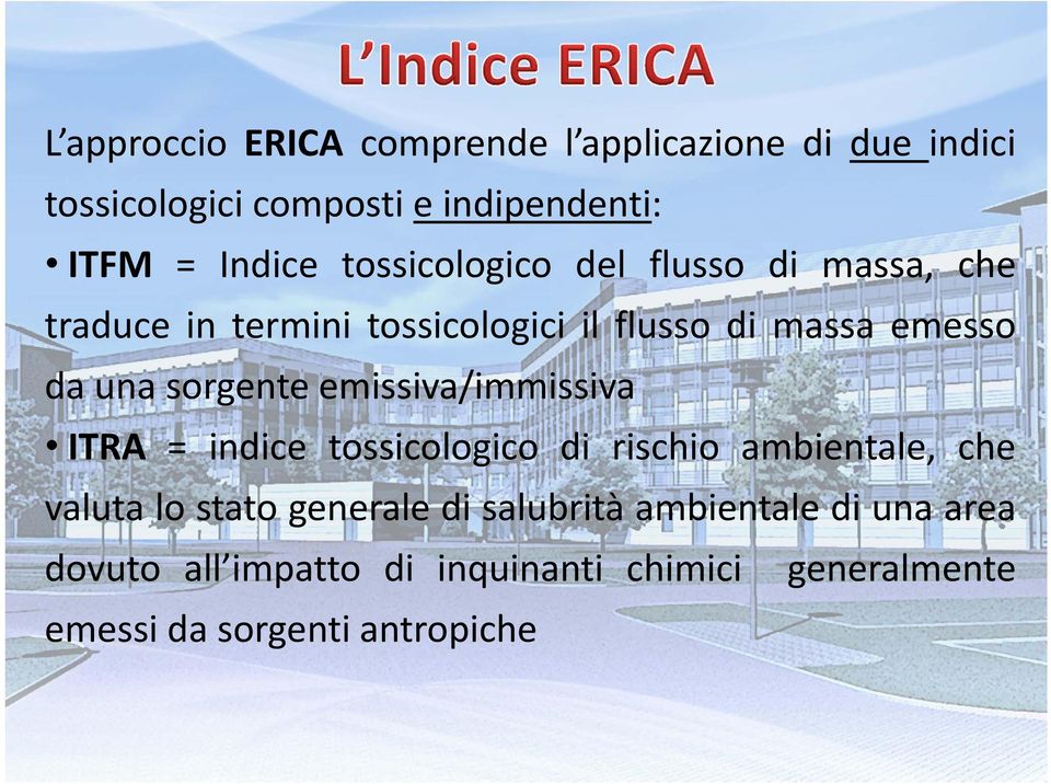 sorgente emissiva/immissiva ITRA = indice tossicologico di rischio ambientale, che valuta lo stato generale di