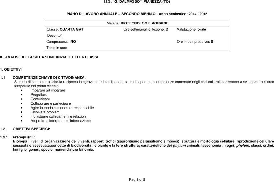 Docente/i: Compresenza NO Ore in compresenza: 0 Testo in uso: 0. ANALISI DELLA SITUAZIONE INIZIALE DELLA CLASSE 1. OBIETTIVI 1.